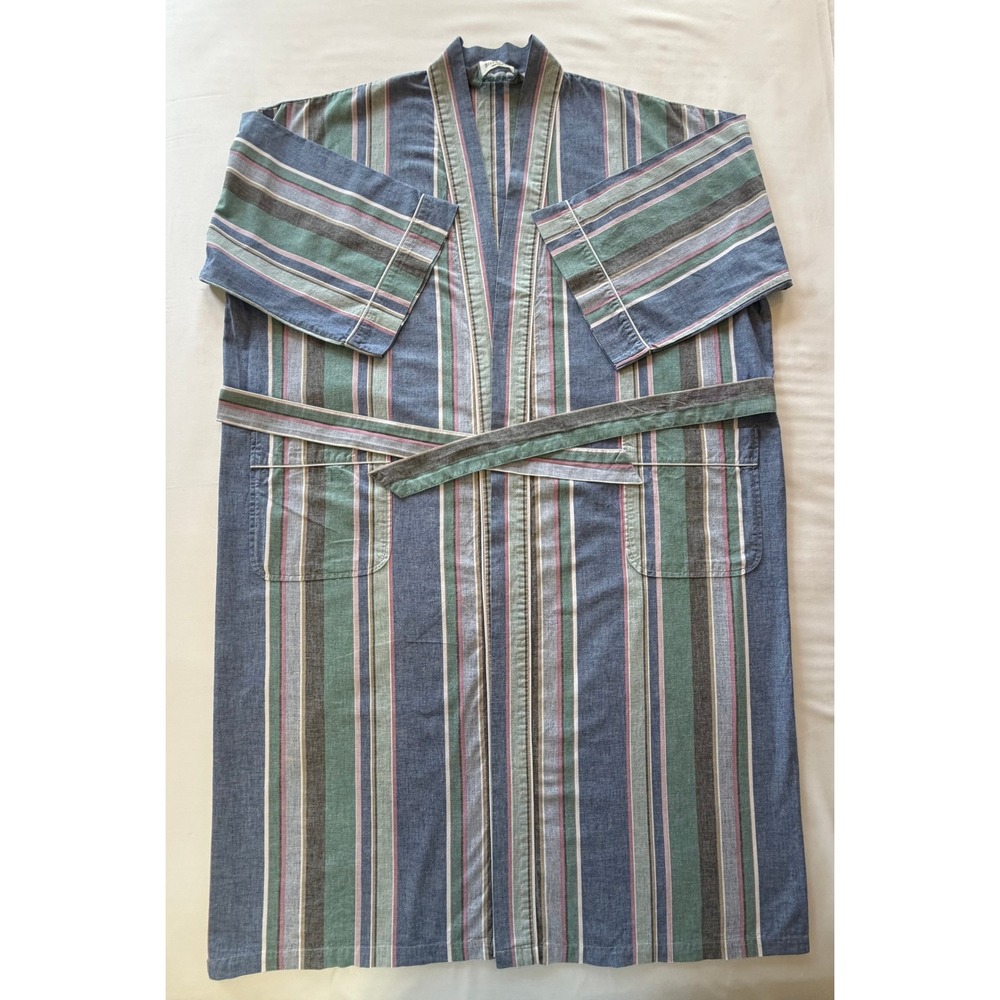 Vintage 80s Bill Blass Men's Striped Kimono Robe w/Belt Cotton Fits XL/XXL